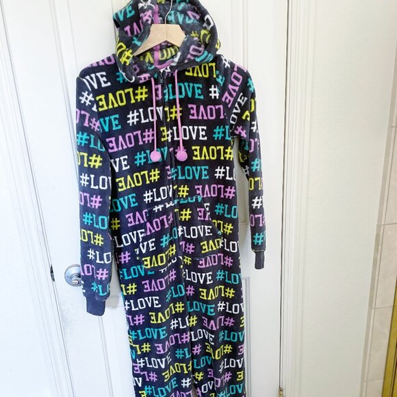 SO Womens Plush Fleece One Piece Hooded Pajama Onesie Small #LOVE - Picture 1 of 8